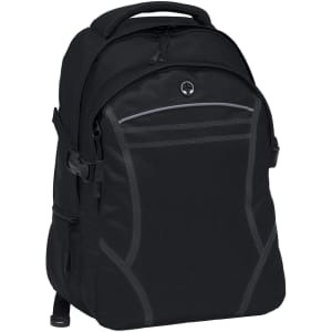 A black backpack featuring multiple compartments, adjustable straps, and a logo on the front.