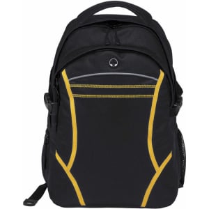 A black backpack with yellow accents and a logo. Features a front zip pocket and mesh side pockets.