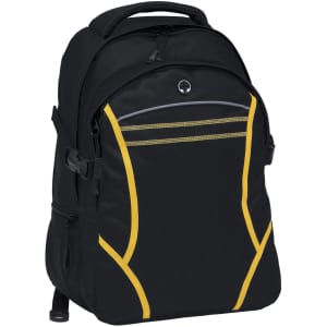 A black backpack with yellow accents featuring multiple compartments and a logo on the front.
