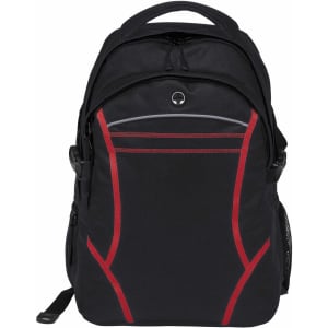 A black backpack with red accents features multiple compartments and a side mesh pocket, including a logo.