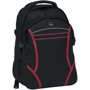 A black backpack with red accents and a front pocket, featuring a logo on the side.
