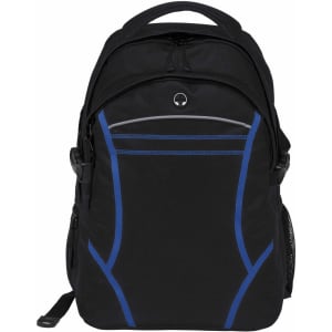 A black backpack with blue accents, featuring zippers, a mesh side pocket, and a logo on the front.