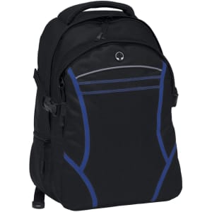 A black backpack with blue accents, featuring multiple compartments and a logo.