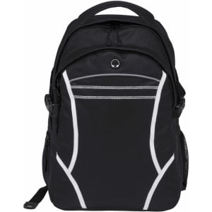 A black backpack with white accents, featuring zippers and a side mesh pocket, and a logo on the front.