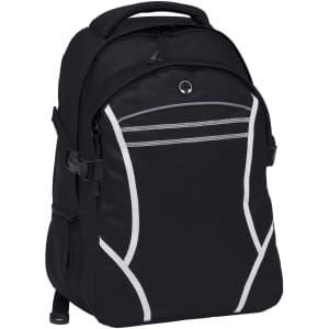 A black backpack featuring white accents and multiple zippers, with a logo on the front.