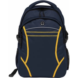 A navy blue backpack featuring yellow accents and a logo, with various compartments and mesh side pockets.