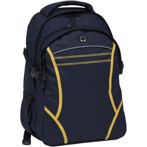 A navy blue backpack with yellow accents, featuring multiple compartments and a logo on the front.
