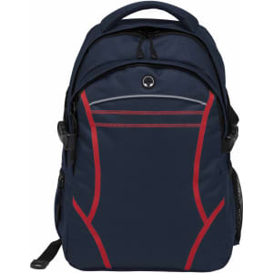 A navy blue backpack with red accents, featuring multiple compartments and a side mesh pocket. It has a logo on the front.