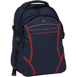 A navy blue backpack with red accents and a logo, featuring various compartments and adjustable straps.