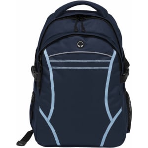 A navy blue backpack with light blue accents and a logo, featuring multiple compartments and a mesh side pocket.