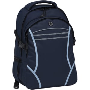 A navy blue backpack with light blue accents and multiple compartments. It features a logo on the front.