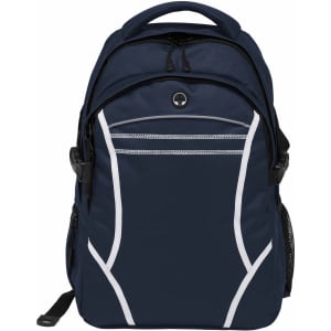 A navy blue backpack with white accents, featuring multiple zippered compartments and a side mesh pocket.