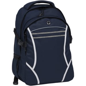 A navy backpack with silver zippers and detailing, featuring multiple compartments and a logo on the front.