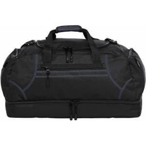 A black duffle bag with multiple zippered pockets and dual handles, featuring a branding logo.