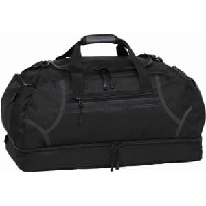 A black duffle bag with multiple zippered compartments and carry handles, featuring a logo.