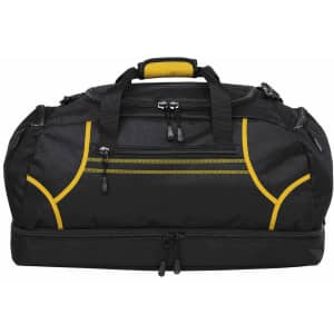 A black duffle bag with yellow accents and multiple zippered compartments. Features a sturdy handle and logo.