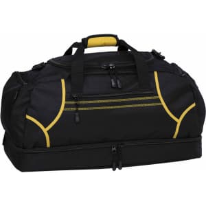 A black duffle bag with yellow accents and double zipped compartments, featuring handles and a detachable strap.
