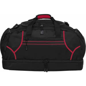 A black duffle bag with red accents, featuring multiple zippered compartments and sturdy handles. It has a logo.