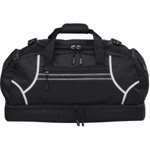 A black duffle bag with reflective accents and multiple compartments, featuring two handles and zippers.