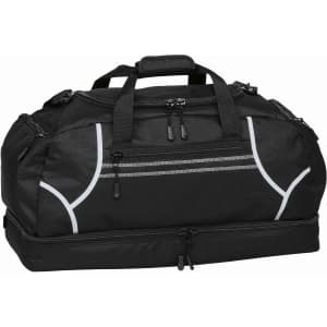 A black duffle bag with reflective accents and multiple zippered compartments, featuring sturdy handles and a logo.