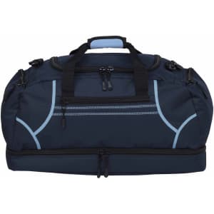 A navy duffle bag with light blue accents, featuring double zippers and carry handles, along with a logo on the side.