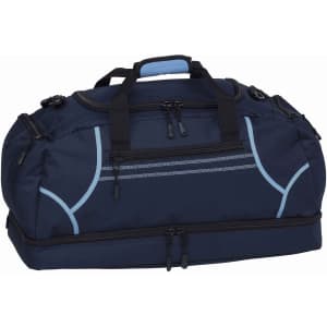 A navy blue duffle bag with grey accents, featuring multiple zippered compartments and a sturdy handle.