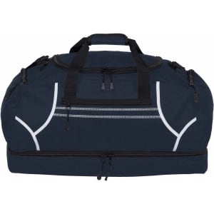 A dark blue duffle bag with black zippers and straps, featuring a logo on the front.