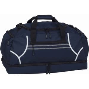 A navy duffle bag made of durable fabric, featuring multiple zippered compartments and carrying handles.
