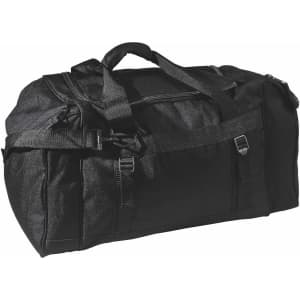 A black duffle bag with multiple straps and compartments, featuring a logo on the side.