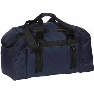 A dark navy duffle bag with handles and adjustable shoulder strap, featuring multiple zippered compartments.