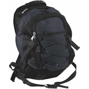A black and grey backpack featuring multiple compartments and zippers, with adjustable straps and a textured handle.