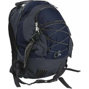 A dark navy and grey backpack featuring zippers, adjustable straps, and a logo.