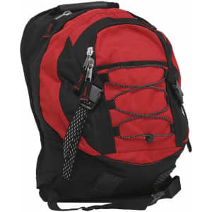 A black and red backpack featuring zippers, adjustable straps, and a branding logo.
