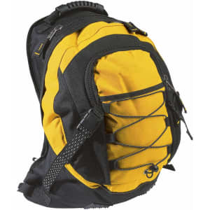A black and yellow Stealth Backpack with multiple compartments and a textured surface, featuring a logo on the front.