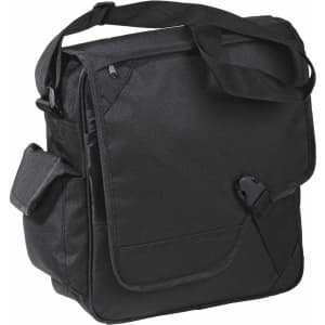 A black messenger bag with an adjustable strap and multiple pockets, featuring a secure flap closure and a logo.