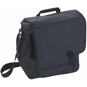 A black Messenger Bag with a flap, adjustable shoulder strap, and a carry handle. It has a logo on the front.