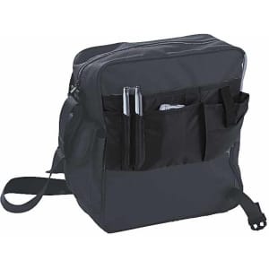 A black messenger bag with multiple pockets and a shoulder strap. It features a zipped closure and a logo.