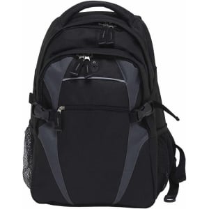 A black backpack with grey accents featuring multiple compartments and side mesh pockets. It has a logo and zippers.