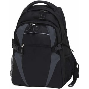 A black and grey backpack with multiple compartments and mesh side pockets. It features a logo on the front.