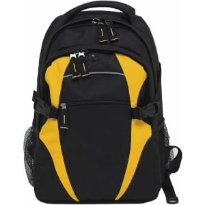A black and yellow backpack featuring multiple compartments and mesh side pockets, with a logo on the front.