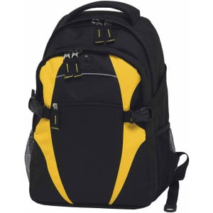 A black and yellow Spliced Zenith Backpack with multiple compartments and a side mesh pocket, featuring a logo.
