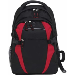 A black and red backpack featuring multiple compartments and mesh side pockets, with a logo on the front.