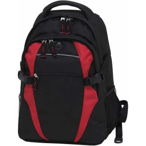 A black backpack with red accents features multiple compartments and a side mesh pocket. It has a logo on the front.