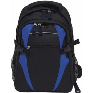 A black backpack with blue accents, featuring multiple zippers and side mesh pockets. It has a logo on the front.