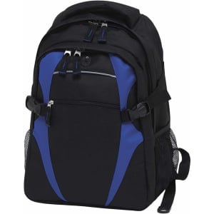 A black backpack with blue accents, featuring multiple zippered compartments and a side mesh pocket. It has a logo.