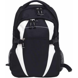 A black and white Spliced Zenith Backpack with multiple compartments and mesh side pockets. It features a branding logo.