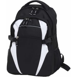 A black and white backpack featuring multiple compartments and a side mesh pocket, with a branding logo.