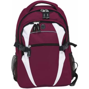 A maroon and white backpack featuring multiple compartments, zippers, and a mesh side pocket. It has a logo.