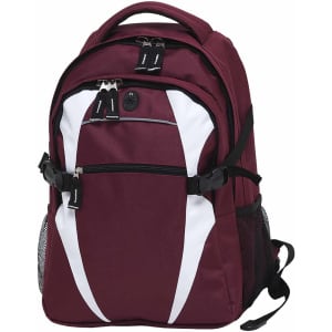A maroon and white backpack with multiple compartments, zippers, and a side mesh pocket. It features a logo.