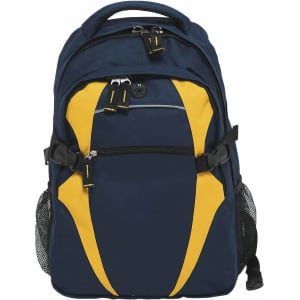 A navy blue and yellow Spliced Zenith Backpack with zippers and mesh side pockets. It features a branded logo.
